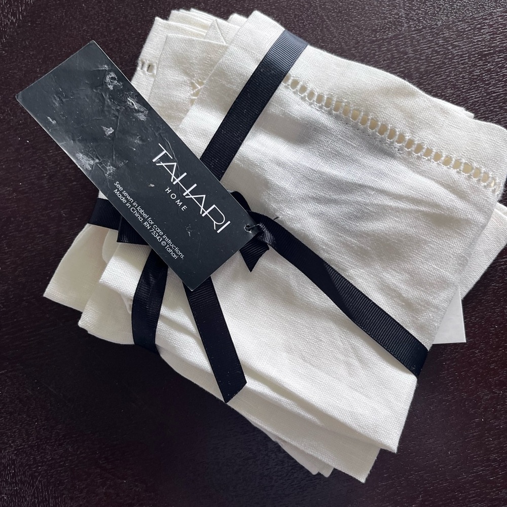 Tahari White Hemstitch Linen cocktail Napkins - Set with Black Ribbon